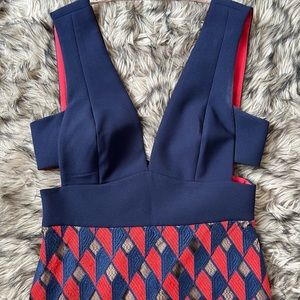 BCBGMAXAZRIA Red & Navy Tile Pattern Dress with Cutouts